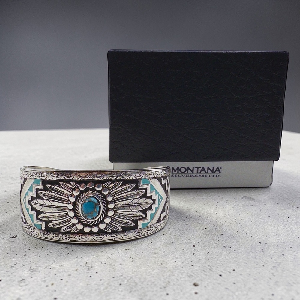 Montana Silversmiths Blue Spring Turquoise Copper Engraved Silver Western Cuff